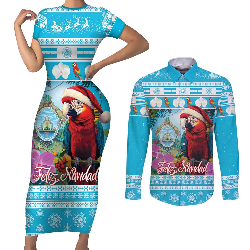 Honduras Christmas Couples Matching Short Sleeve Bodycon Dress and Long Sleeve Button Shirt Scarlet Macaw With Feliz Navidad - Wonder Print Shop