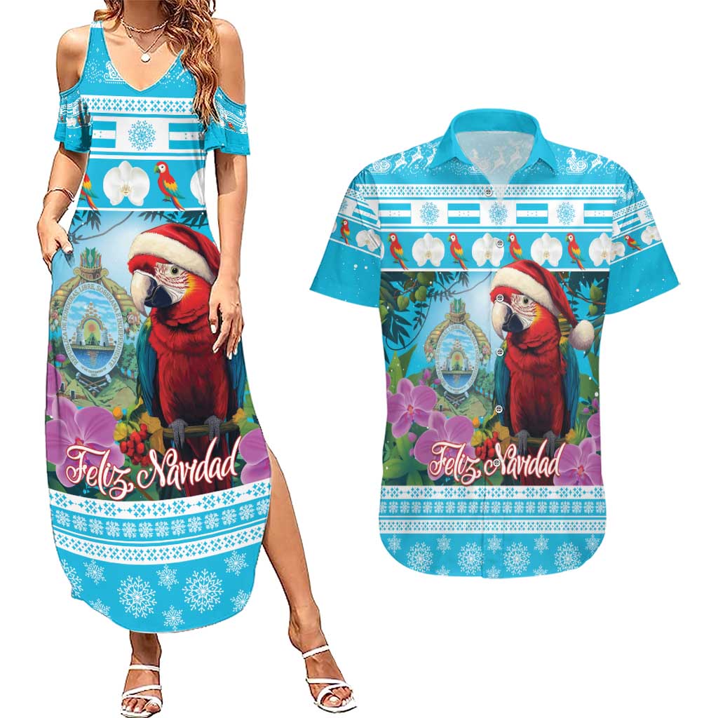 Honduras Christmas Couples Matching Summer Maxi Dress and Hawaiian Shirt Scarlet Macaw With Feliz Navidad - Wonder Print Shop