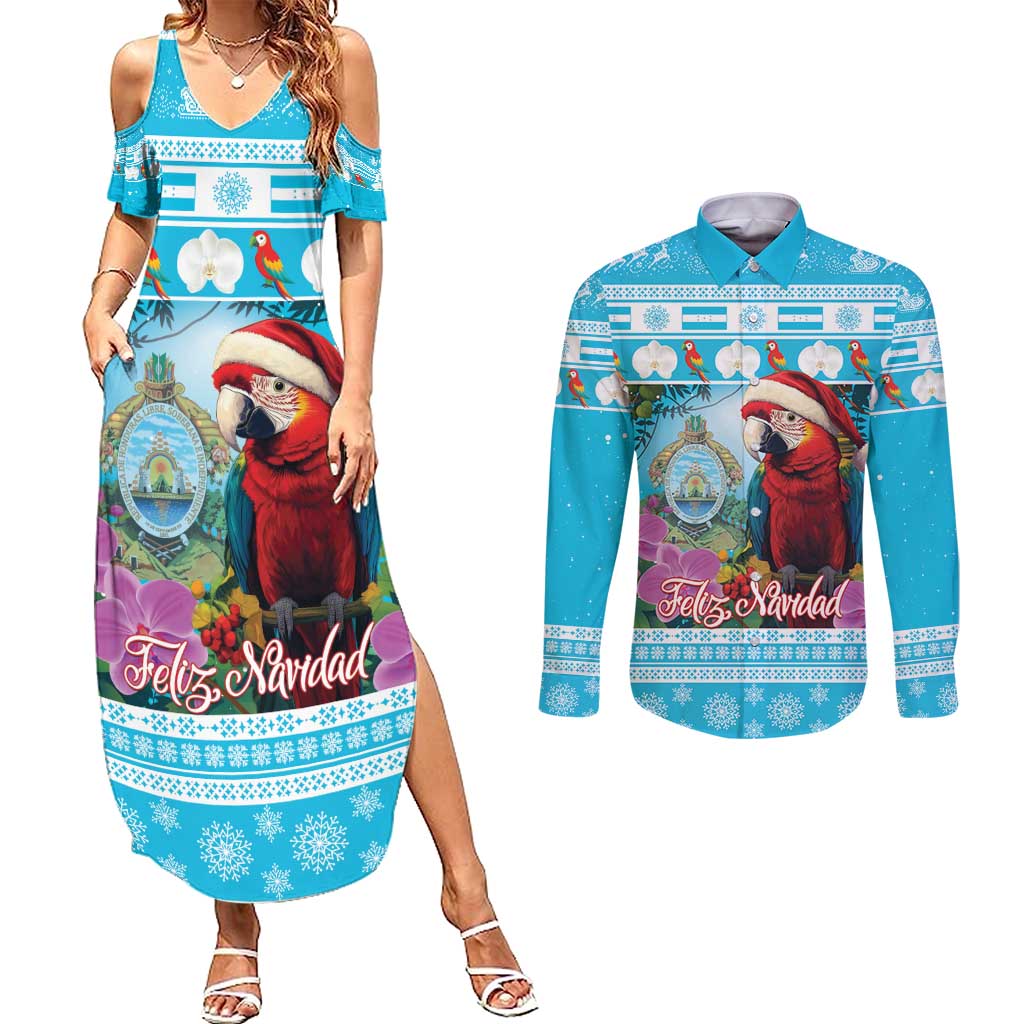 Honduras Christmas Couples Matching Summer Maxi Dress and Long Sleeve Button Shirt Scarlet Macaw With Feliz Navidad - Wonder Print Shop