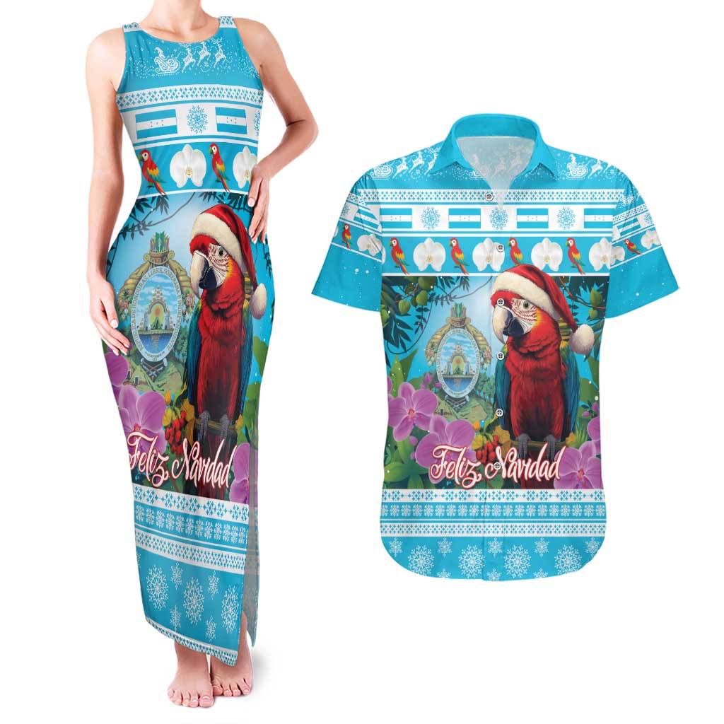 Honduras Christmas Couples Matching Tank Maxi Dress and Hawaiian Shirt Scarlet Macaw With Feliz Navidad - Wonder Print Shop