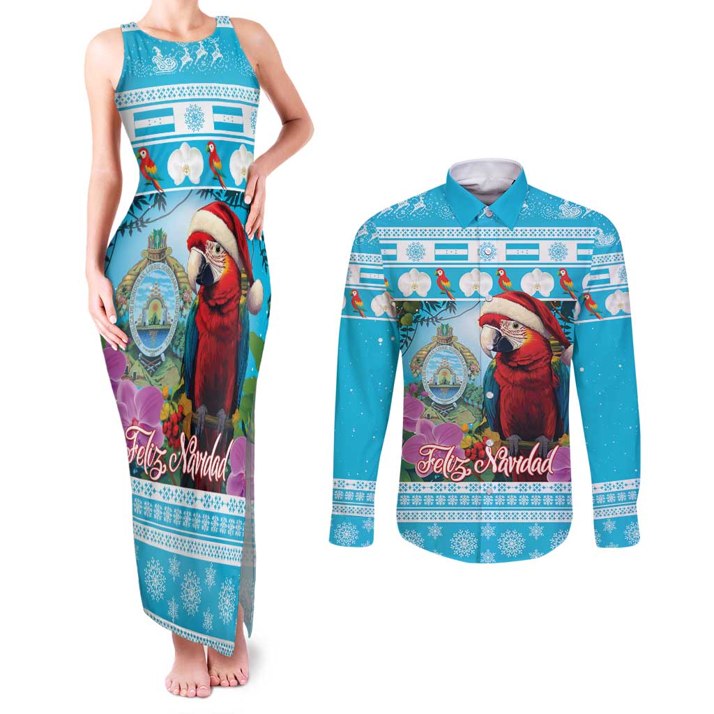 Honduras Christmas Couples Matching Tank Maxi Dress and Long Sleeve Button Shirt Scarlet Macaw With Feliz Navidad - Wonder Print Shop