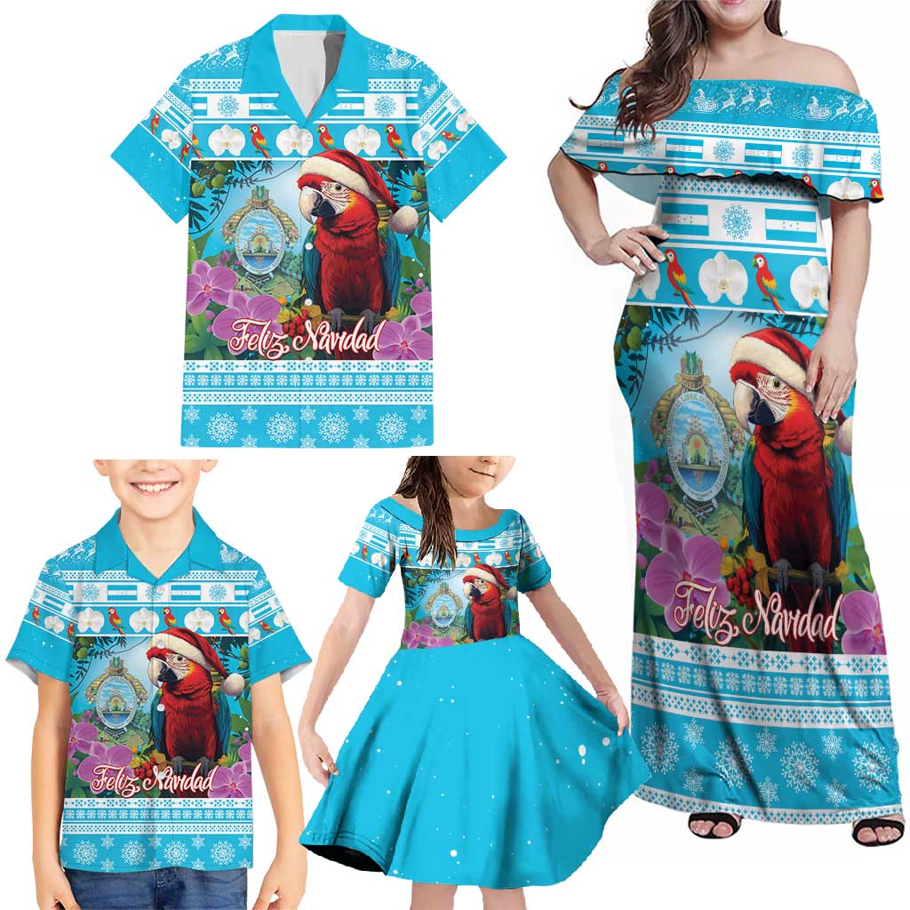 Honduras Christmas Family Matching Off Shoulder Maxi Dress and Hawaiian Shirt Scarlet Macaw With Feliz Navidad - Wonder Print Shop