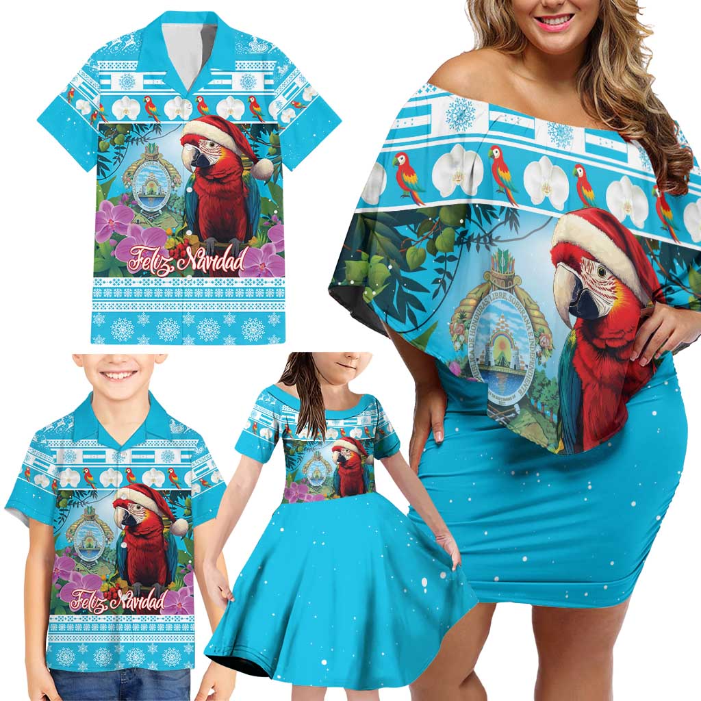 Honduras Christmas Family Matching Off Shoulder Short Dress and Hawaiian Shirt Scarlet Macaw With Feliz Navidad - Wonder Print Shop