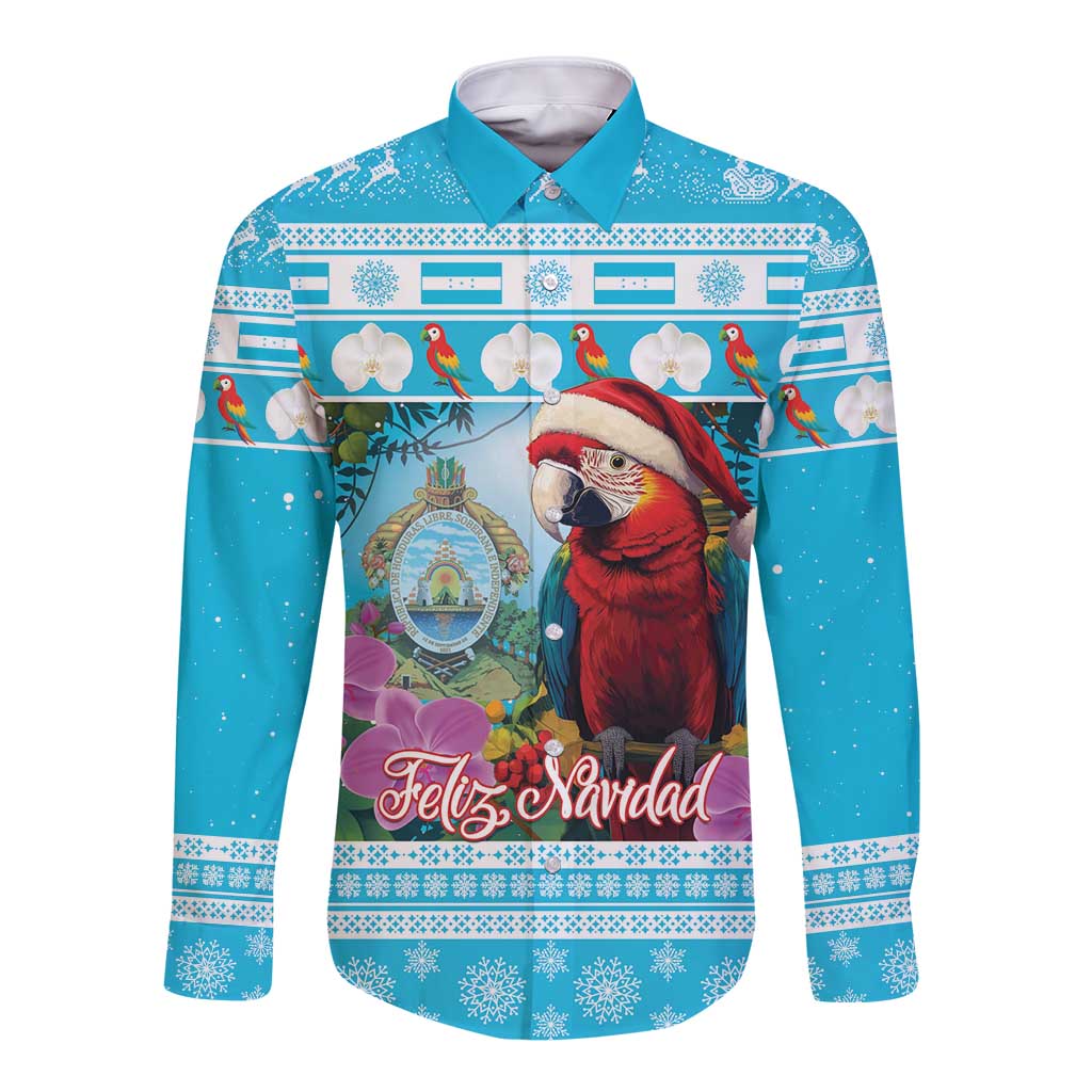 Honduras Christmas Long Sleeve Button Shirt Scarlet Macaw With Feliz Navidad - Wonder Print Shop