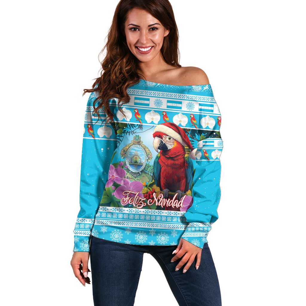 Honduras Christmas Off Shoulder Sweater Scarlet Macaw With Feliz Navidad - Wonder Print Shop