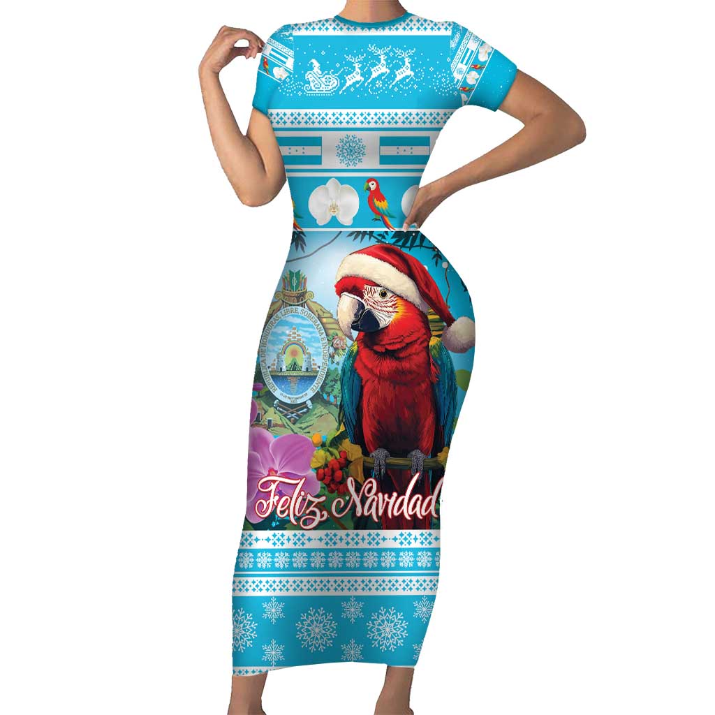 Honduras Christmas Short Sleeve Bodycon Dress Scarlet Macaw With Feliz Navidad - Wonder Print Shop