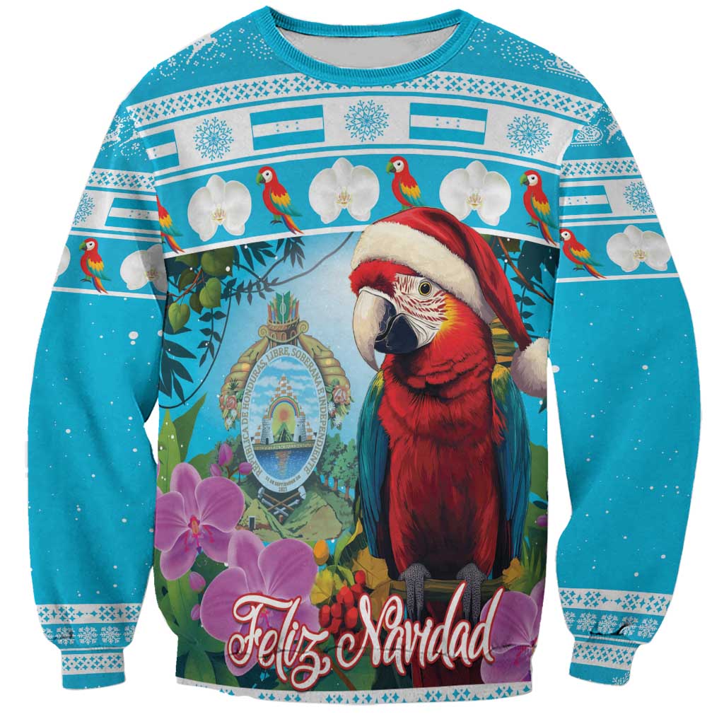 Blue Christmas sweatshirt with parrot and Feliz Navidad graphic on front