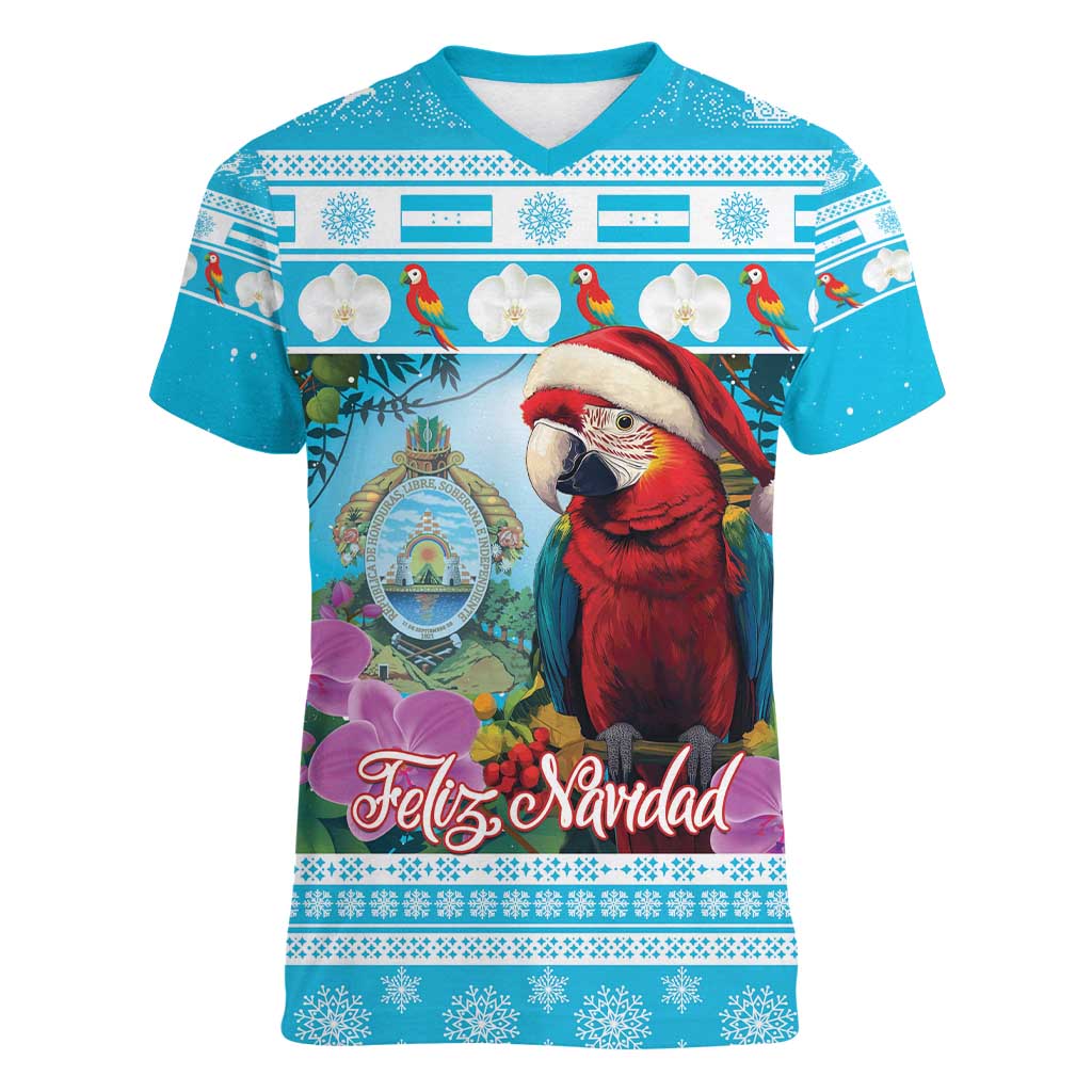 Honduras Christmas Women V-Neck T-Shirt Scarlet Macaw With Feliz Navidad - Wonder Print Shop