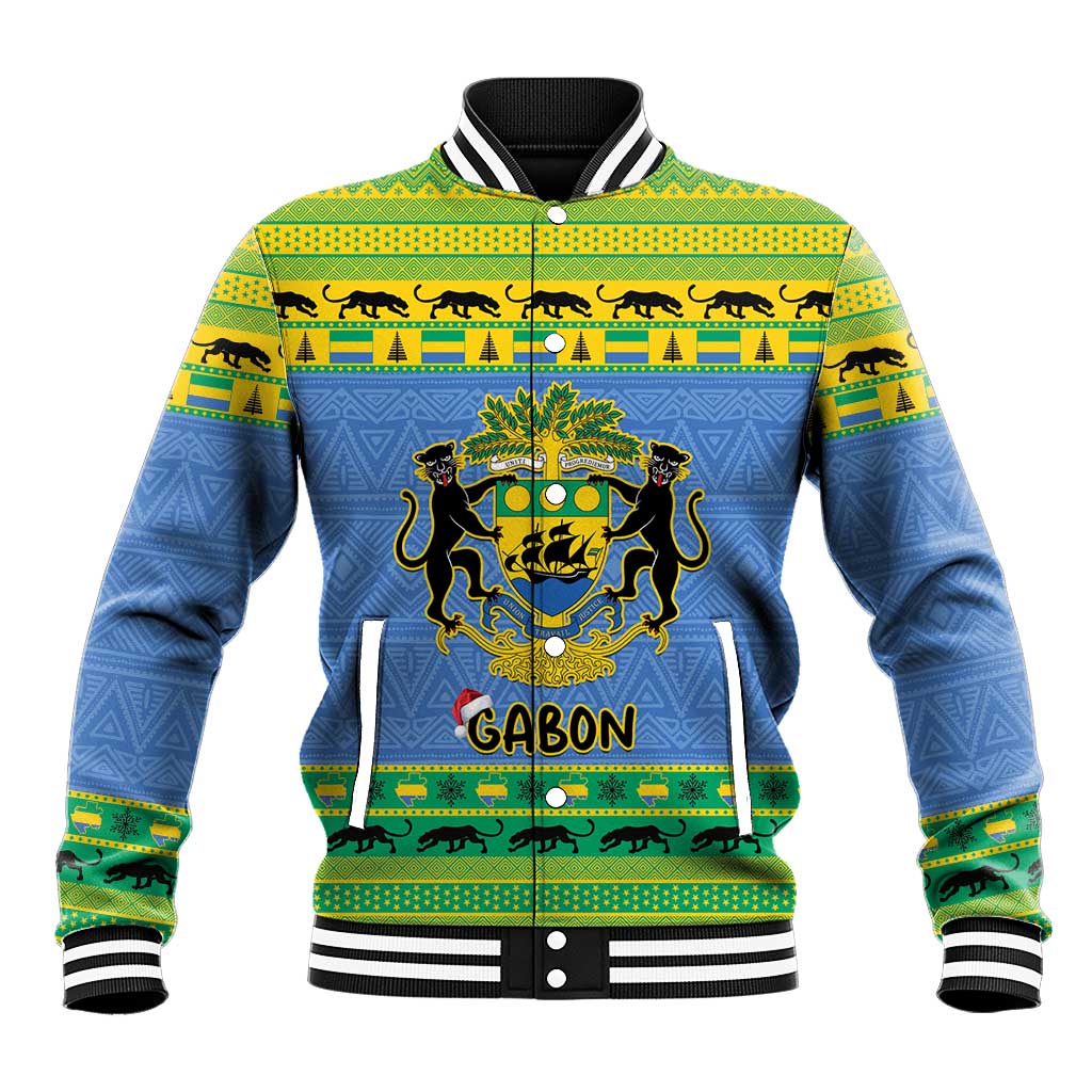 Gabon baseball jacket with coat of arms, blue with striped collar, cuffs, and hem
