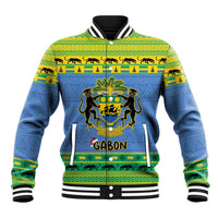 Gabon baseball jacket with coat of arms, blue with striped collar, cuffs, and hem