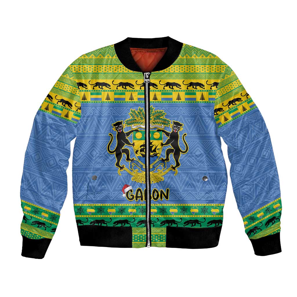 Blue zip-front bomber jacket with Gabon coat of arms and festive green/yellow trim