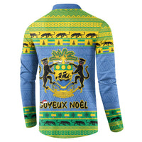Gabon Christmas button sweatshirt with coat of arms and Joyeux Noël print, blue and yellow
