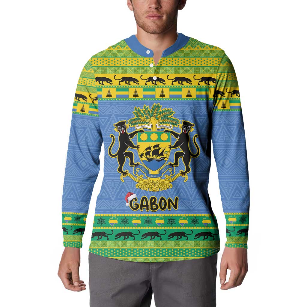 Blue and green Gabon crest button sweatshirt, long sleeves, worn on model