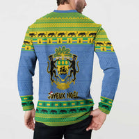 Blue Gabon Christmas sweatshirt with coat of arms and Joyeux Noël print, back view