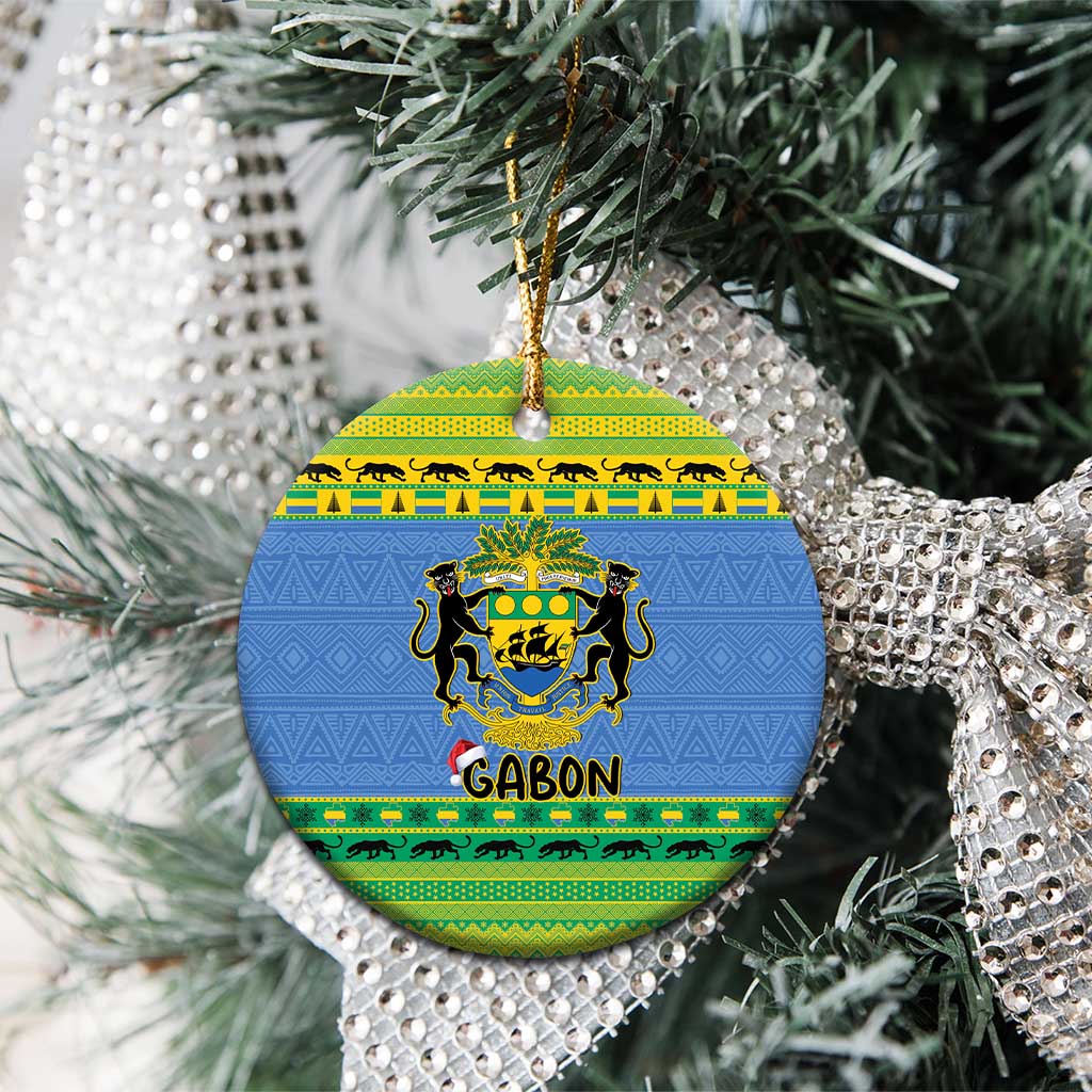 Blue round Gabon ceramic ornament with coat of arms and Gabon text on tree