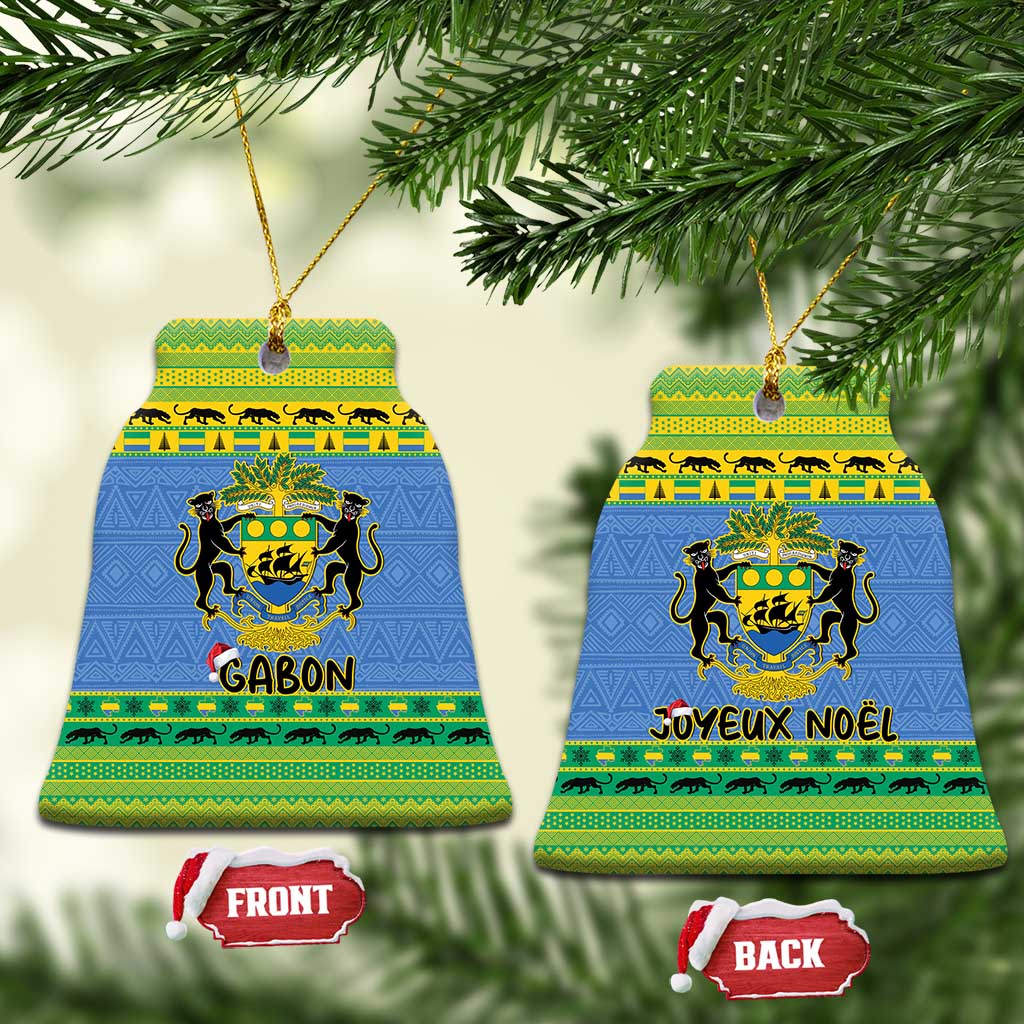 Two blue Gabon ceramic bell ornaments with coat of arms and Joyeux Noel wording