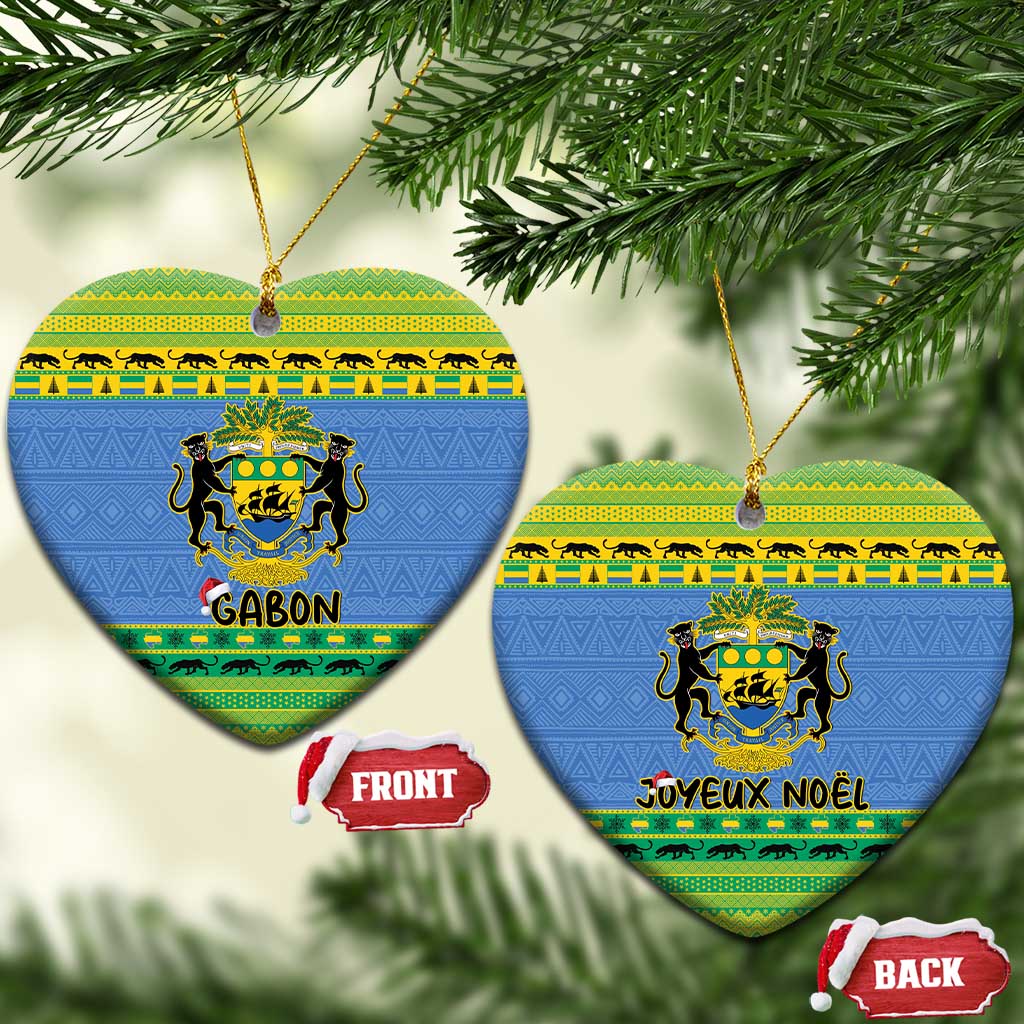 Two blue heart-shaped Gabon ceramic ornaments with coat of arms and Gabon/Joyeux Noel text