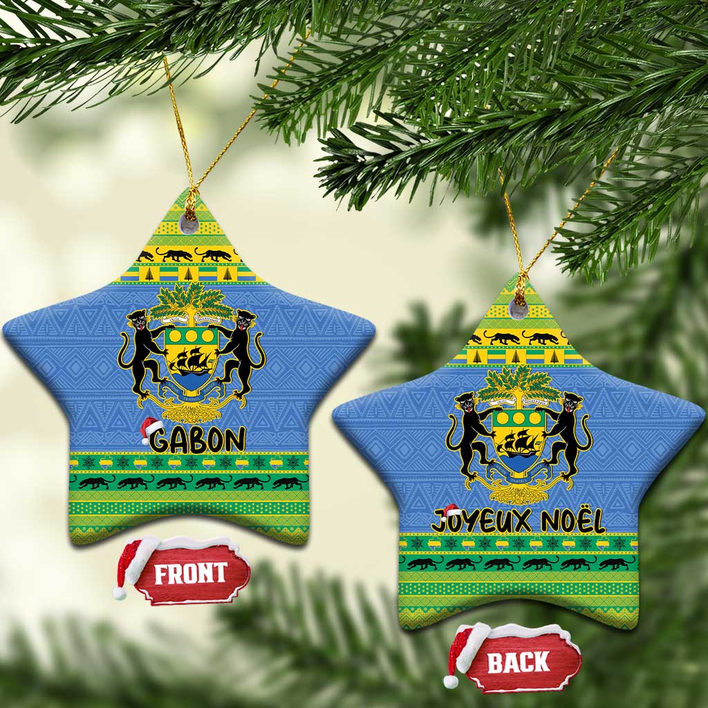 Two blue star-shaped Gabon ceramic ornaments with coat of arms and Joyeux Noel text