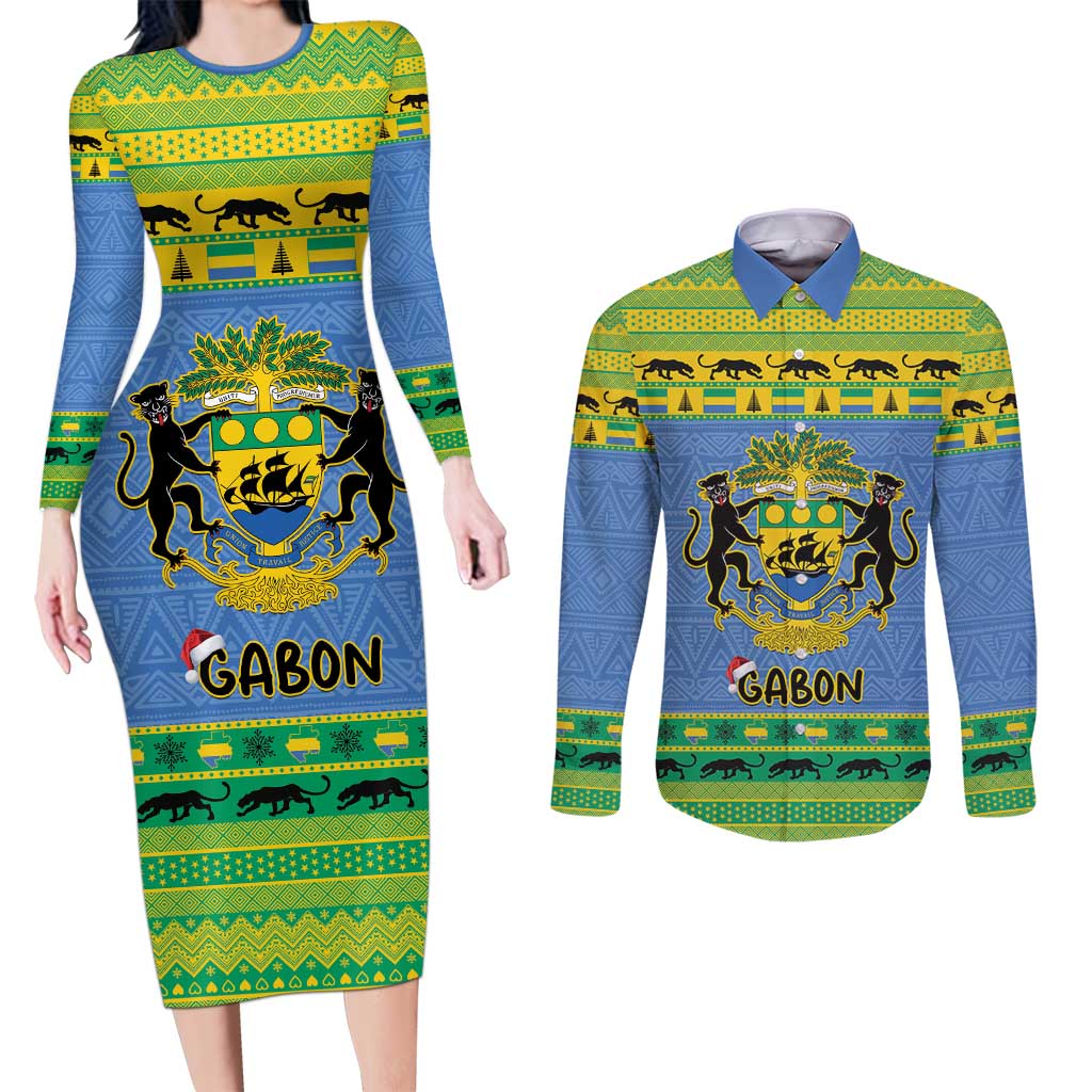 Gabon Christmas Couples Matching Long Sleeve Bodycon Dress and Long Sleeve Button Shirt Coat Of Arms Joyeux Noel - Wonder Print Shop