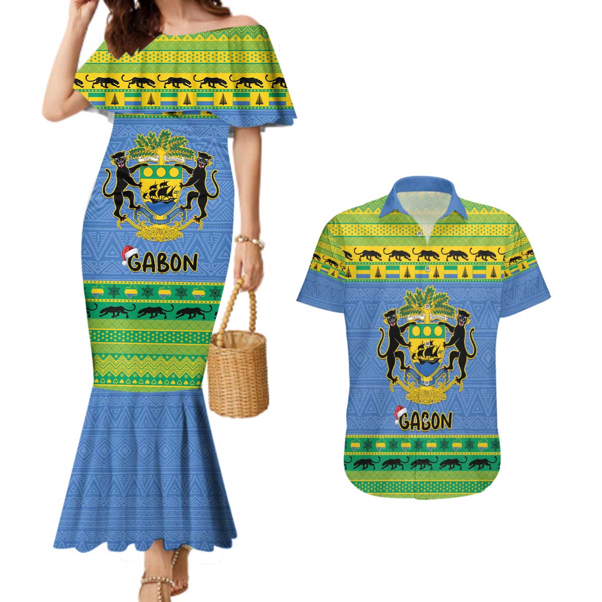 Gabon Christmas Couples Matching Mermaid Dress and Hawaiian Shirt Coat Of Arms Joyeux Noel - Wonder Print Shop