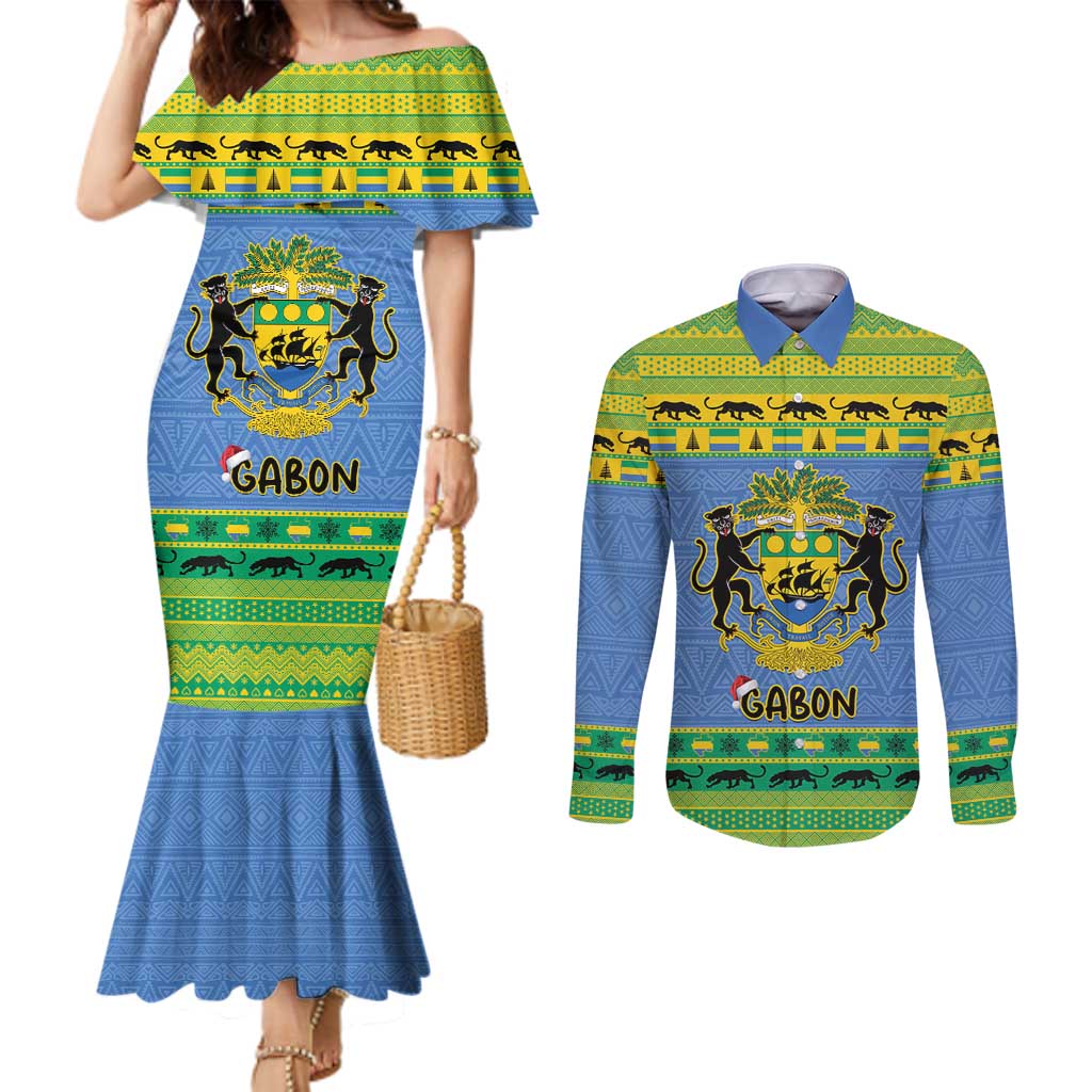 Gabon Christmas Couples Matching Mermaid Dress and Long Sleeve Button Shirt Coat Of Arm Joyeux Noel