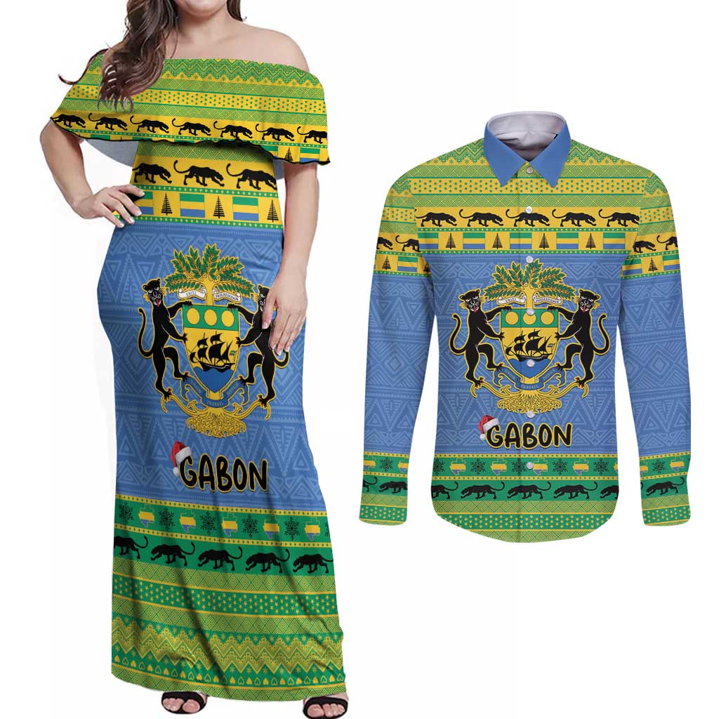 Gabon Christmas Couples Matching Off Shoulder Maxi Dress and Long Sleeve Button Shirt Coat Of Arms Joyeux Noel - Wonder Print Shop