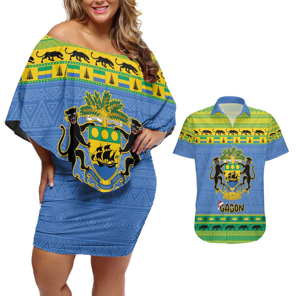 Gabon Christmas Couples Matching Off Shoulder Short Dress and Hawaiian Shirt Coat Of Arms Joyeux Noel - Wonder Print Shop