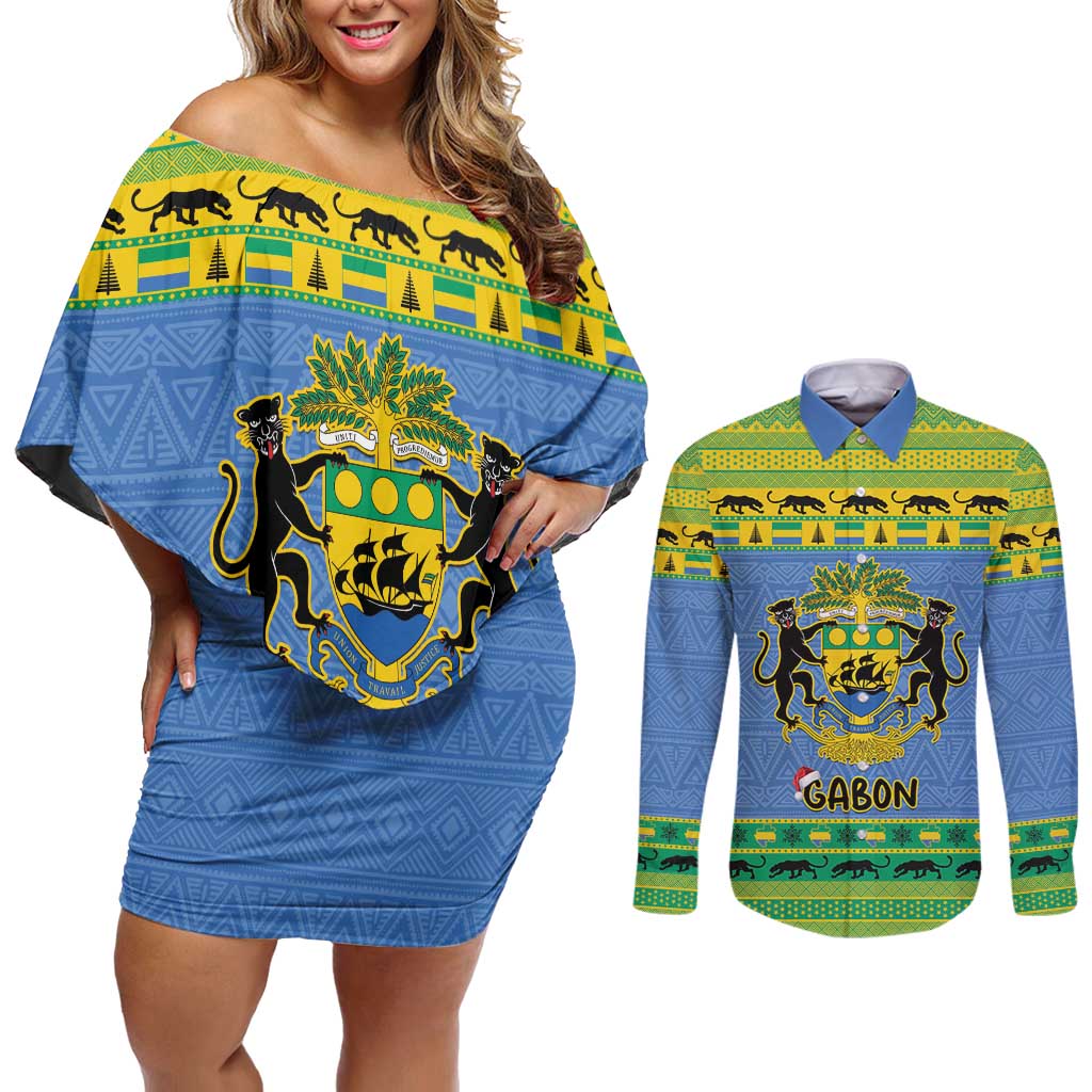 Gabon Christmas Couples Matching Off Shoulder Short Dress and Long Sleeve Button Shirt Coat Of Arms Joyeux Noel - Wonder Print Shop