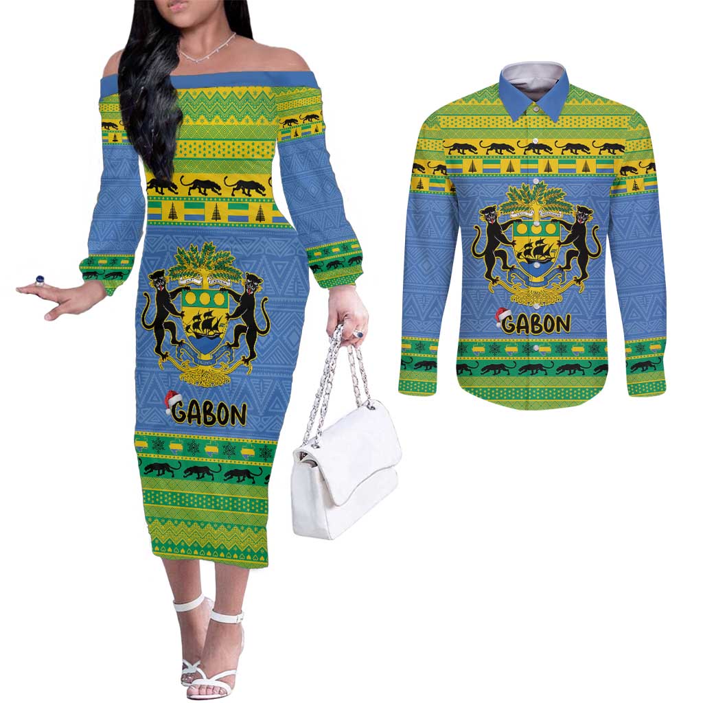 Gabon Christmas Couples Matching Off The Shoulder Long Sleeve Dress and Long Sleeve Button Shirt Coat Of Arm Joyeux Noel