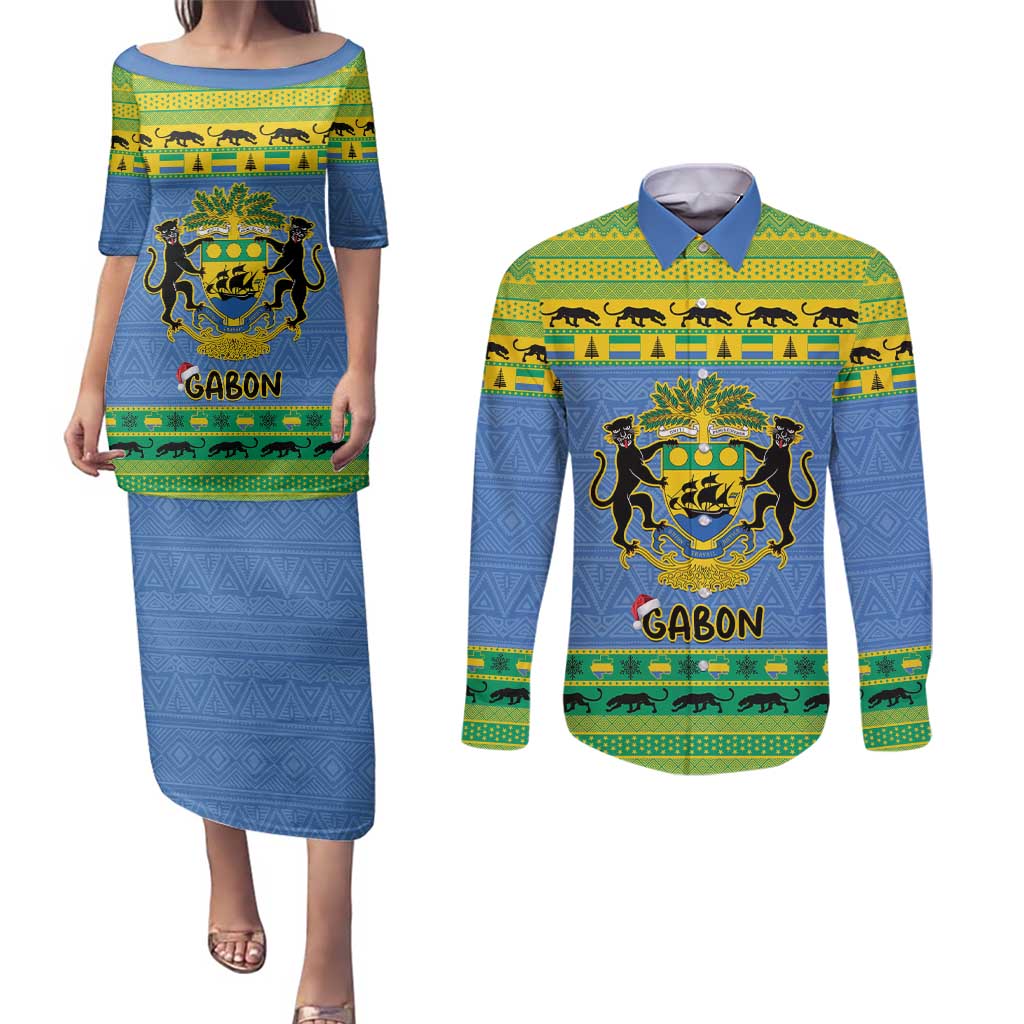 Gabon Christmas Couples Matching Puletasi and Long Sleeve Button Shirt Coat Of Arms Joyeux Noel - Wonder Print Shop