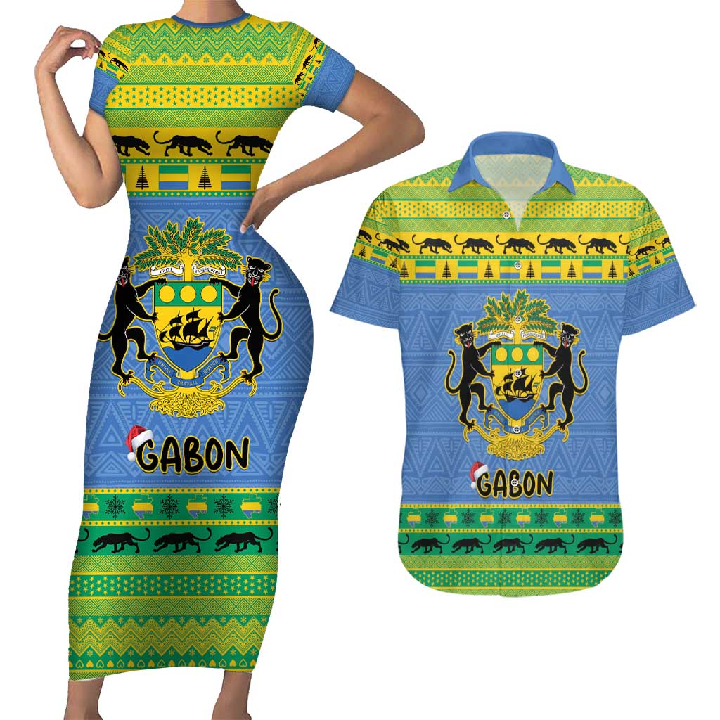 Gabon Christmas Couples Matching Short Sleeve Bodycon Dress and Hawaiian Shirt Coat Of Arms Joyeux Noel - Wonder Print Shop