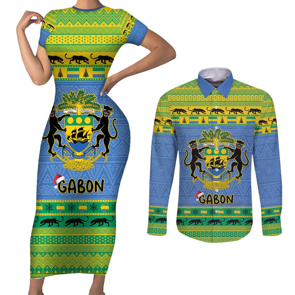 Gabon Christmas Couples Matching Short Sleeve Bodycon Dress and Long Sleeve Button Shirt Coat Of Arms Joyeux Noel - Wonder Print Shop