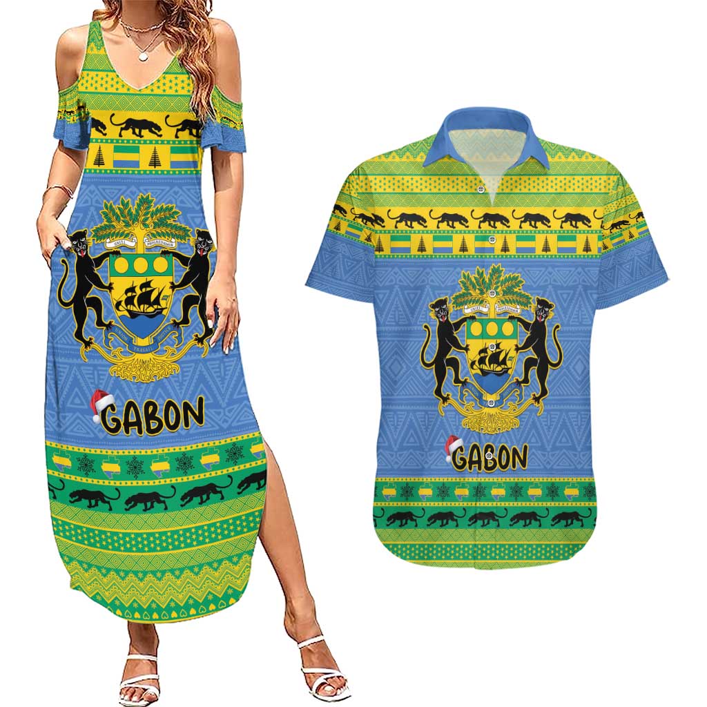 Gabon Christmas Couples Matching Summer Maxi Dress and Hawaiian Shirt Coat Of Arms Joyeux Noel - Wonder Print Shop