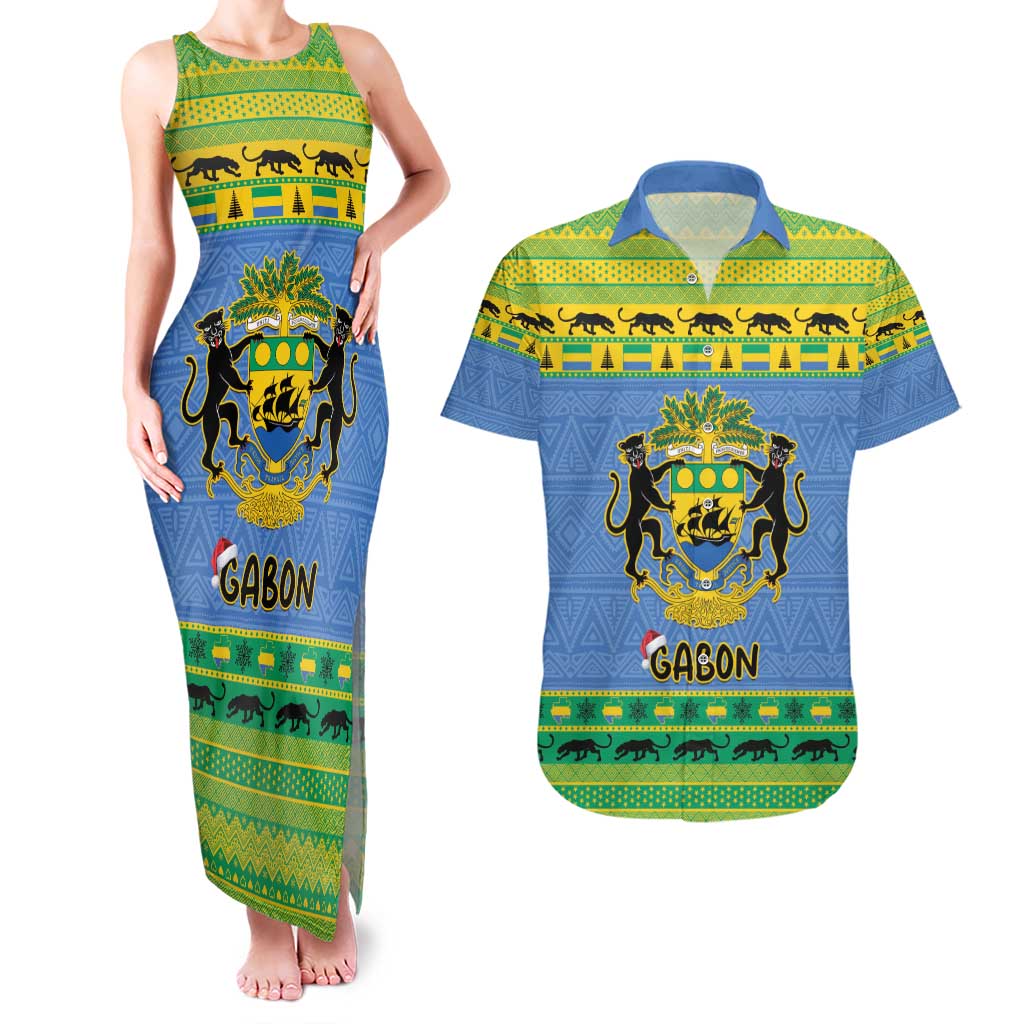 Gabon Christmas Couples Matching Tank Maxi Dress and Hawaiian Shirt Coat Of Arms Joyeux Noel - Wonder Print Shop