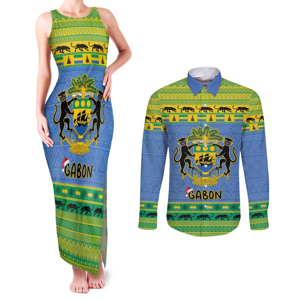 Gabon Christmas Couples Matching Tank Maxi Dress and Long Sleeve Button Shirt Coat Of Arms Joyeux Noel - Wonder Print Shop