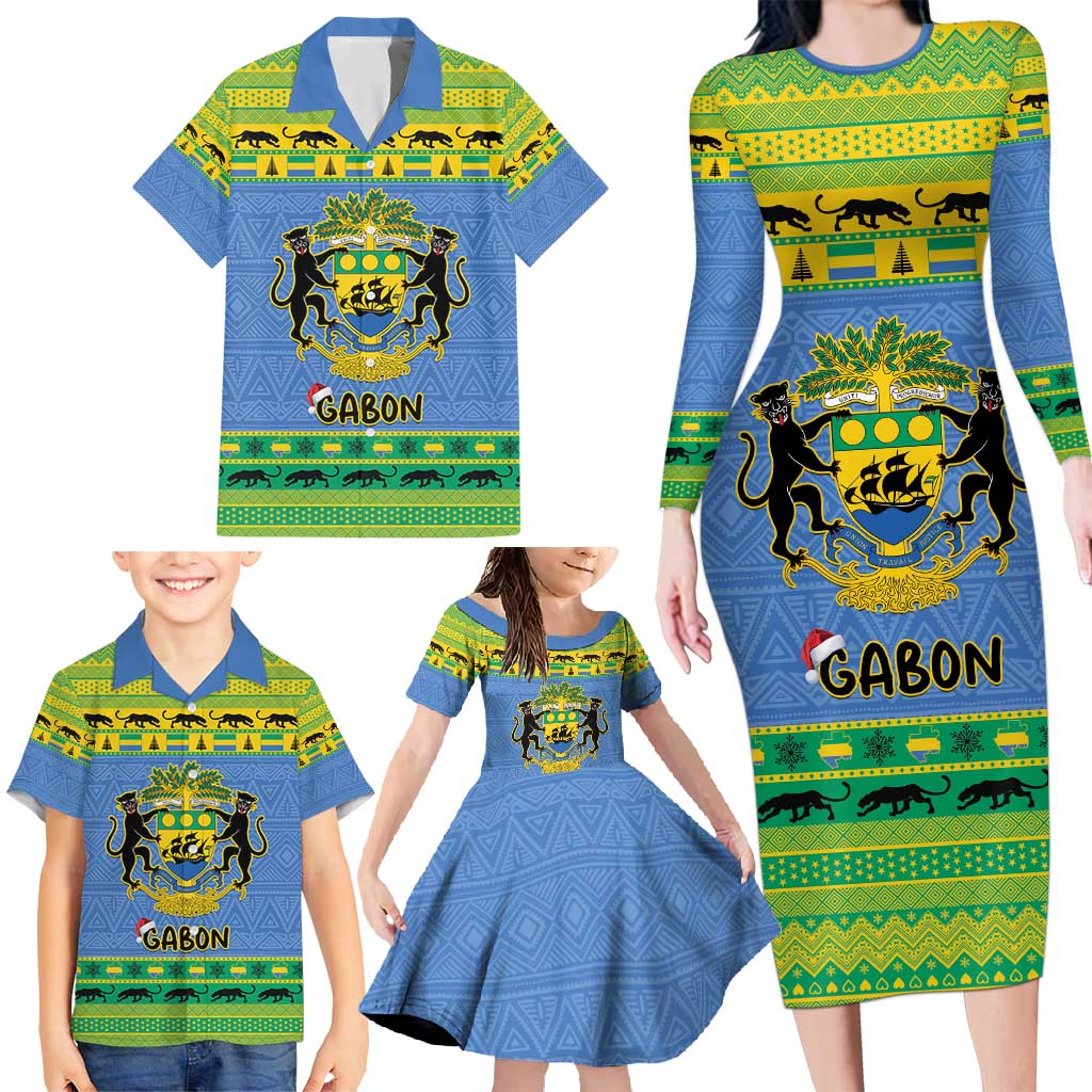 Gabon Christmas Family Matching Long Sleeve Bodycon Dress and Hawaiian Shirt Coat Of Arms Joyeux Noel - Wonder Print Shop