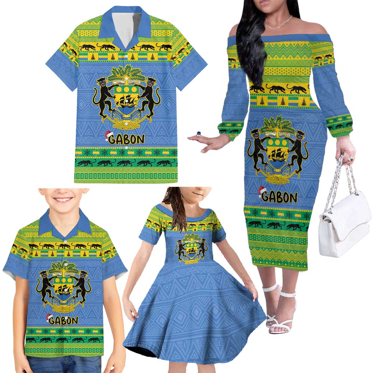 Gabon Christmas Family Matching Off The Shoulder Long Sleeve Dress and Hawaiian Shirt Coat Of Arms Joyeux Noel - Wonder Print Shop