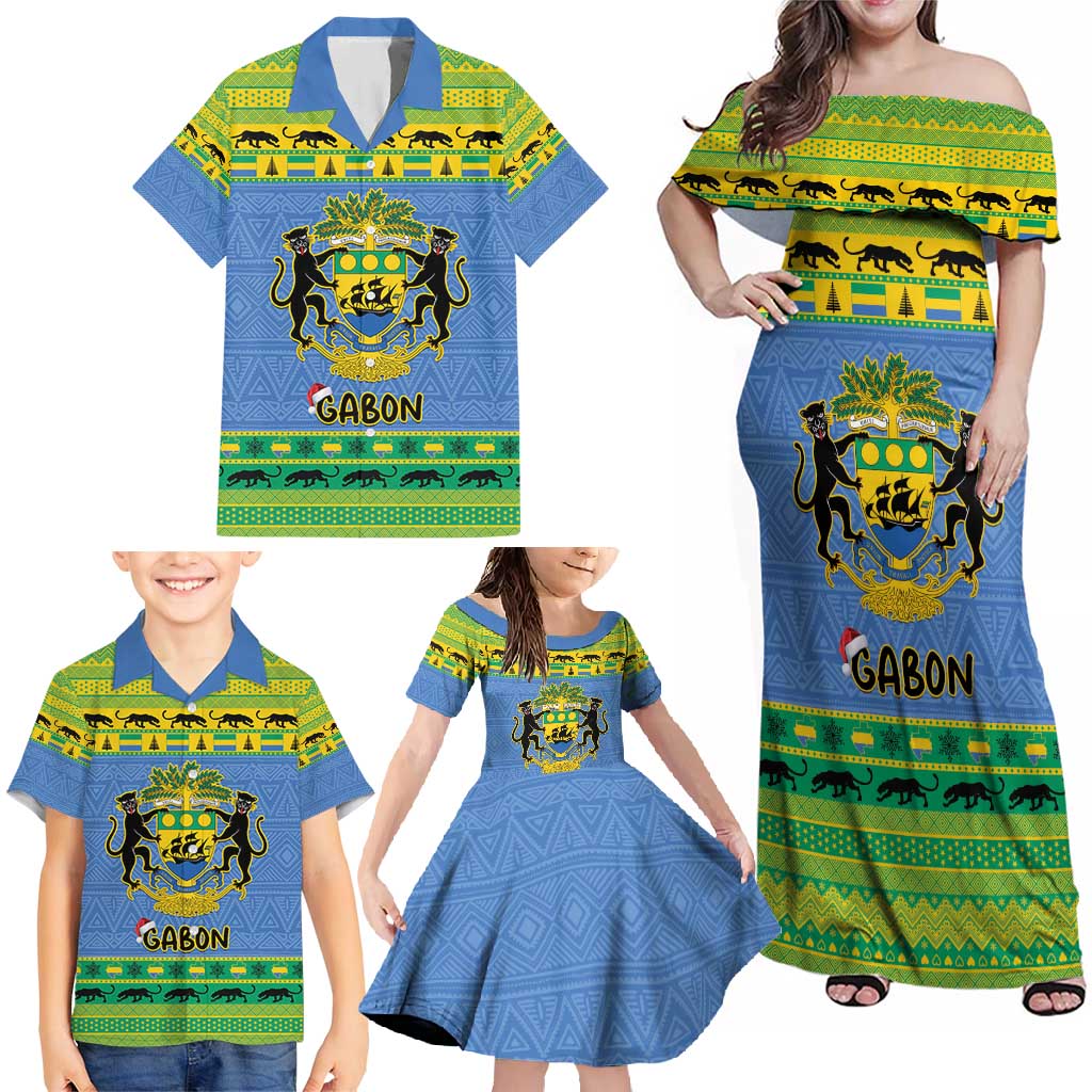 Gabon Christmas Family Matching Off Shoulder Maxi Dress and Hawaiian Shirt Coat Of Arms Joyeux Noel - Wonder Print Shop