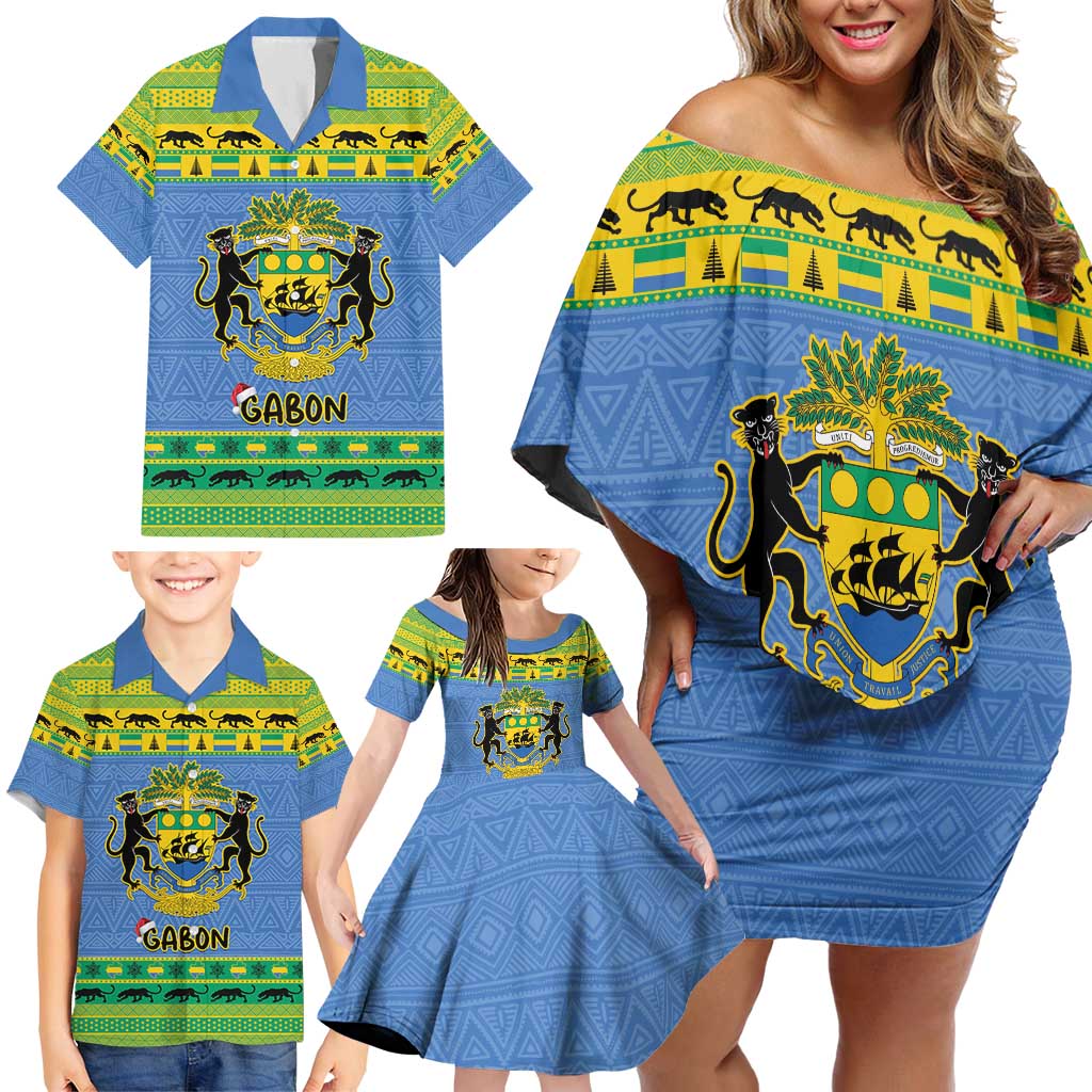 Gabon Christmas Family Matching Off Shoulder Short Dress and Hawaiian Shirt Coat Of Arms Joyeux Noel - Wonder Print Shop