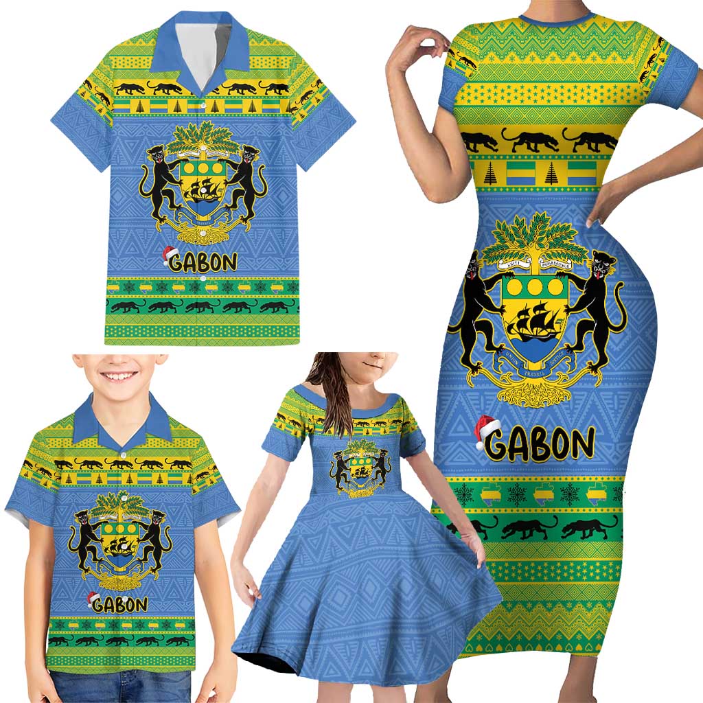 Gabon Christmas Family Matching Short Sleeve Bodycon Dress and Hawaiian Shirt Coat Of Arms Joyeux Noel - Wonder Print Shop