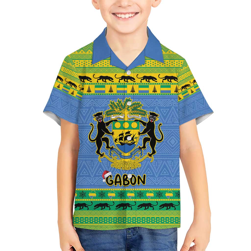 Gabon Christmas Kid Hawaiian Shirt Coat Of Arms Joyeux Noel - Wonder Print Shop