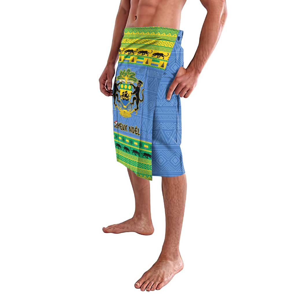 Blue lavalava wrap skirt with coat of arms, Joyeux Noel, and green border