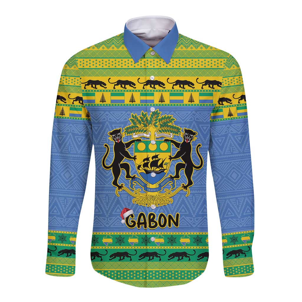 Gabon Christmas Long Sleeve Button Shirt Coat Of Arms Joyeux Noel - Wonder Print Shop