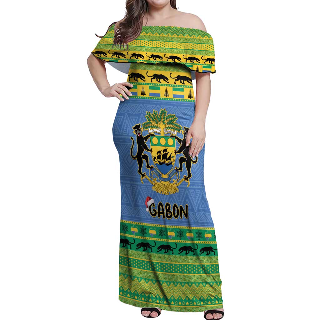 Gabon Christmas Off Shoulder Maxi Dress Coat Of Arms Joyeux Noel - Wonder Print Shop