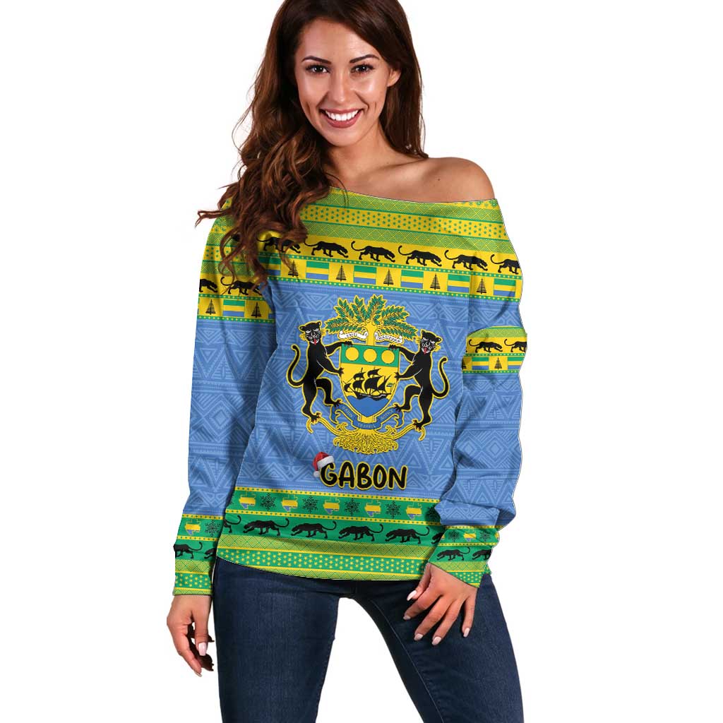 Gabon Christmas Off Shoulder Sweater Coat Of Arms Joyeux Noel - Wonder Print Shop