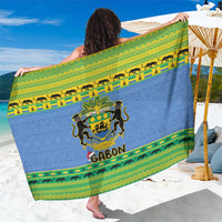 Gabon coat of arms sarong with blue, green, and yellow striped border
