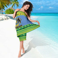 Gabon coat of arms sarong with blue base, green-yellow border, and central logo