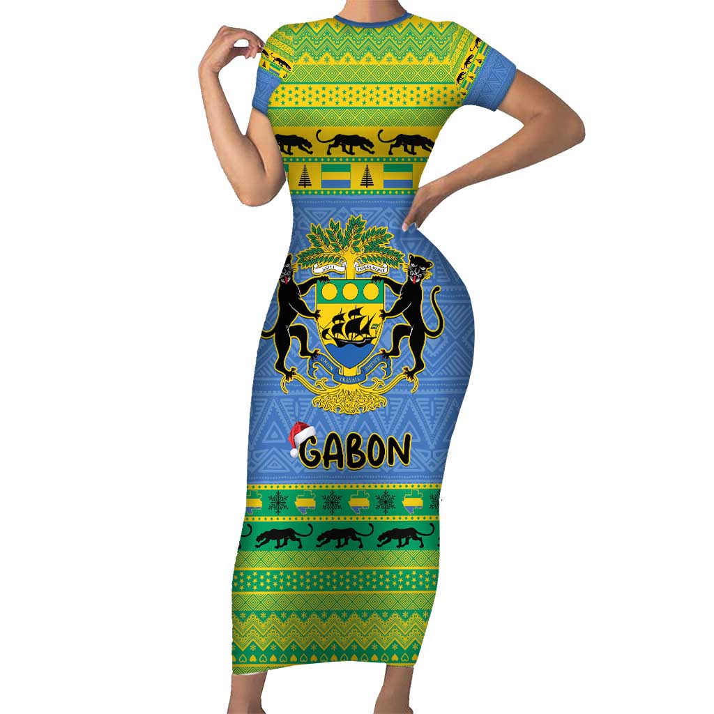 Gabon Christmas Short Sleeve Bodycon Dress Coat Of Arms Joyeux Noel - Wonder Print Shop