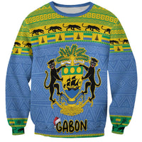 Unisex blue Christmas sweatshirt with Gabon crest, lions, and GABON text