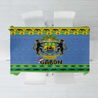 Blue and green Gabon crest holiday tablecloth with “GABON” center text